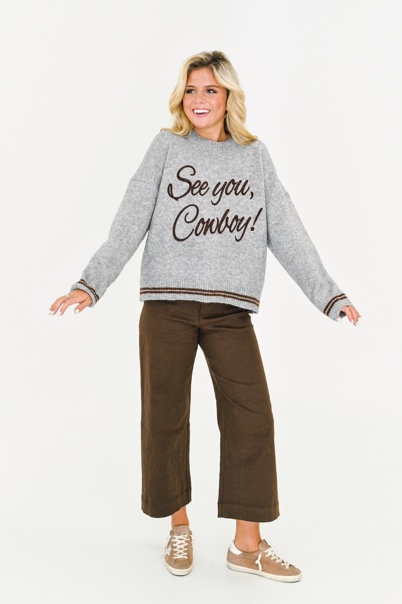 See you, Cowboy! Pullover Sweater-Heather Grey