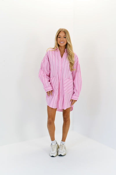 Taylor Striped Oversized Shirt Dress - Pink