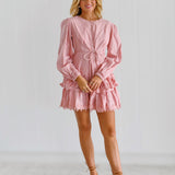 Aurora Cotton Long Puff Sleeve Lace Trim Mini Dress - Light Pink