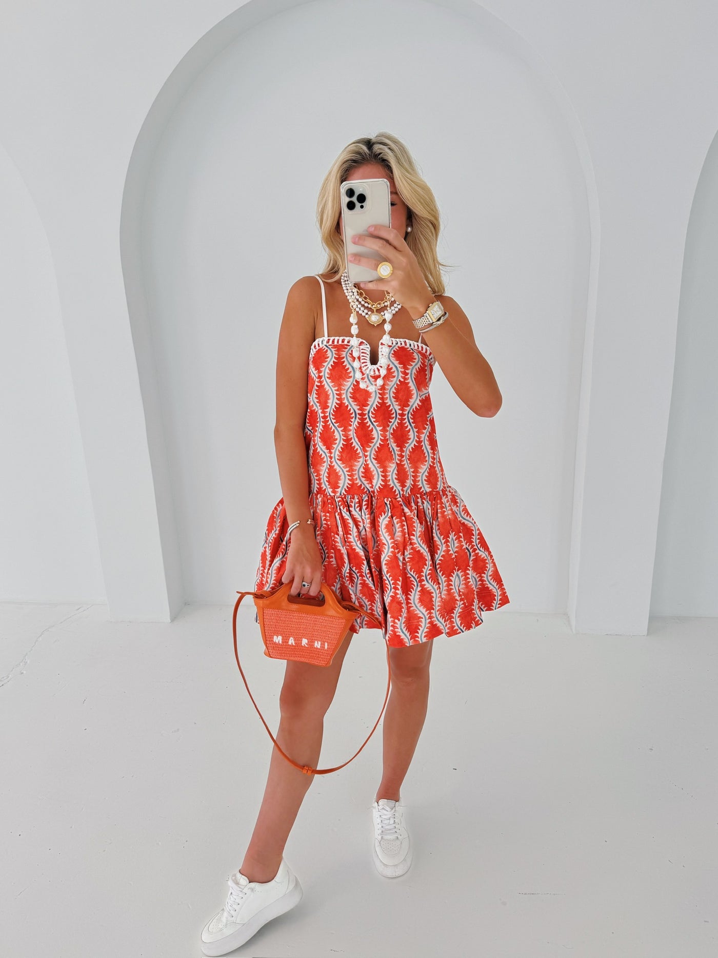 Allie Sweetheart Dress - Orange/Blue