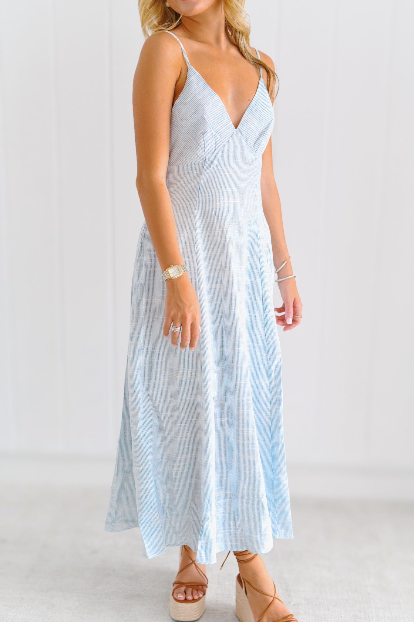 Kasey Pinstripe Linen Maxi Dress - Blue