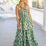 Harmony Ruffled Maxi Dress - Green Block Print