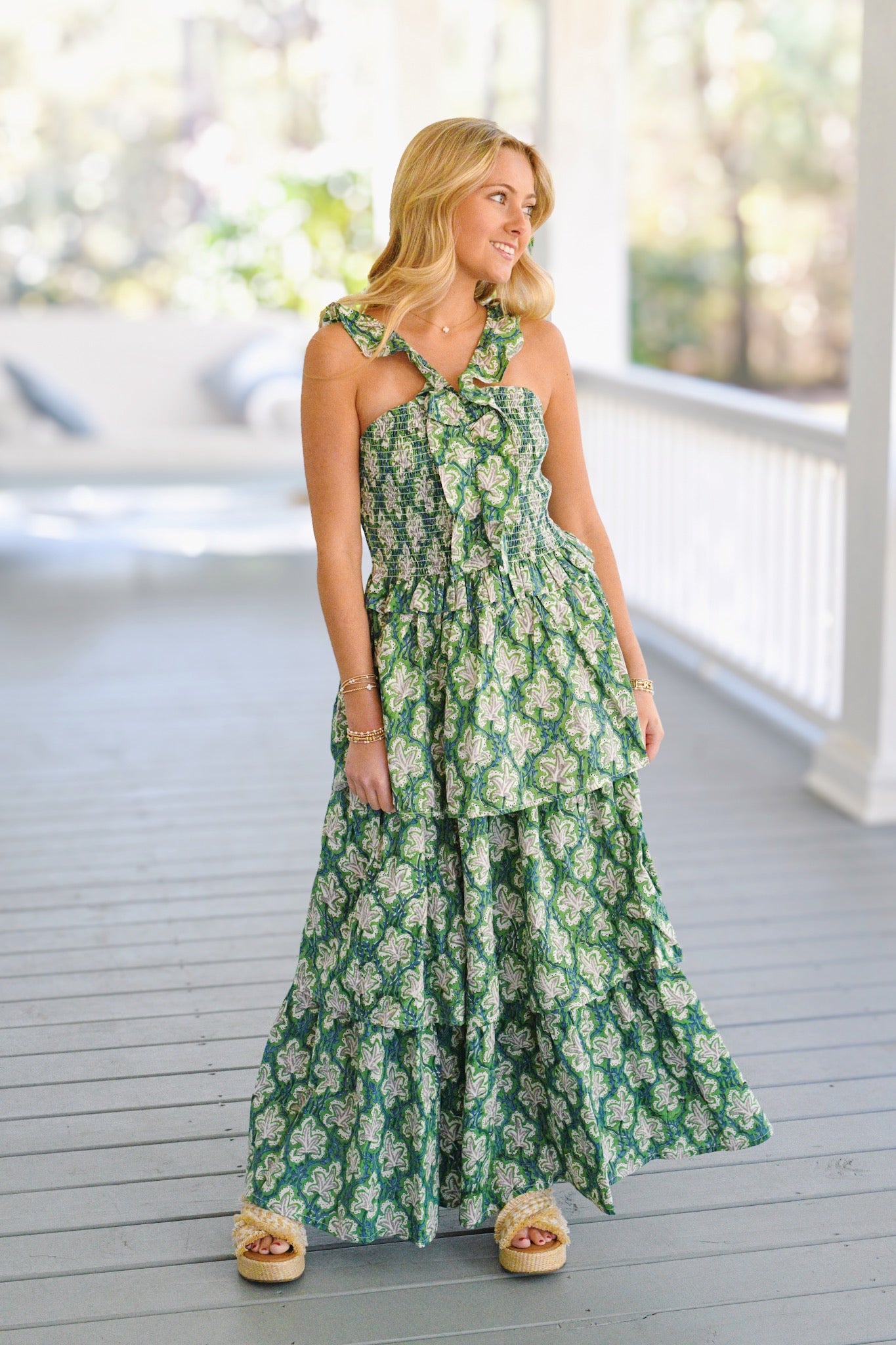 Harmony Ruffled Maxi Dress - Green Block Print