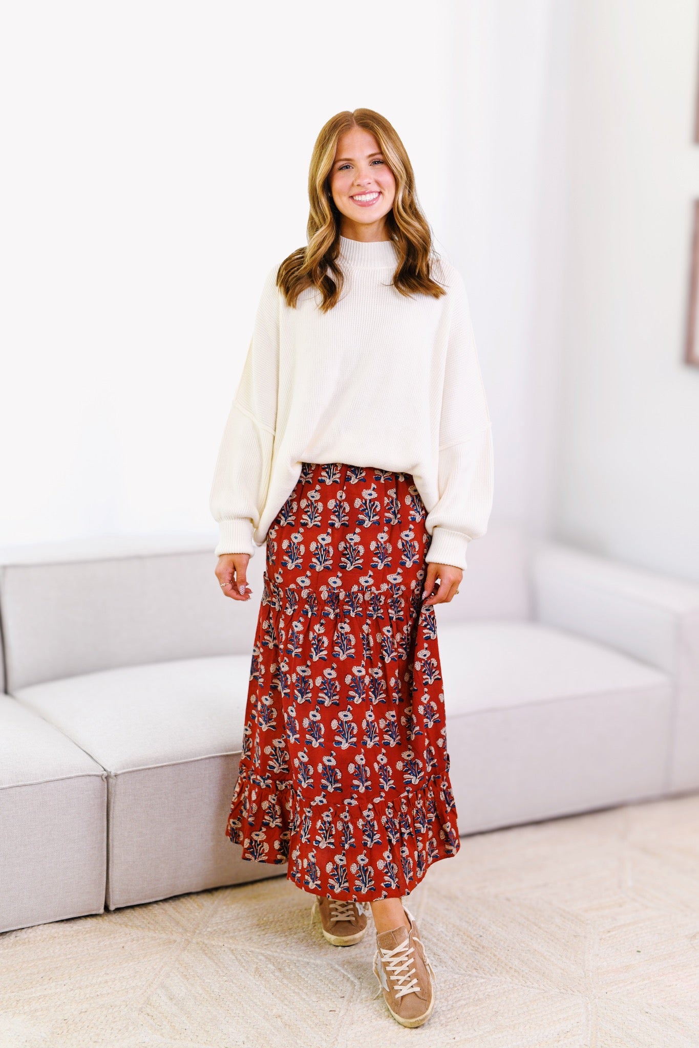 Layla Tiered Maxi Skirt - Wine and Navy