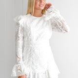 Laney Lace Ruffle Long Sleeve Mini Dress-White