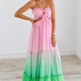 Laura Ombre Ruffle Detail Cut Out Maxi Dress-Pink/Green