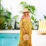 Yasmine Strapless Bubble Sleeve Maxi Dress - Yellow Palm