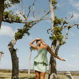 Gloria Frill Top and Skirt Set - Teal/Green Stripes
