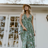 Miranda Floral Maxi Frill Dress - Teal/Pink