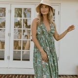 Miranda Floral Maxi Frill Dress - Teal/Pink
