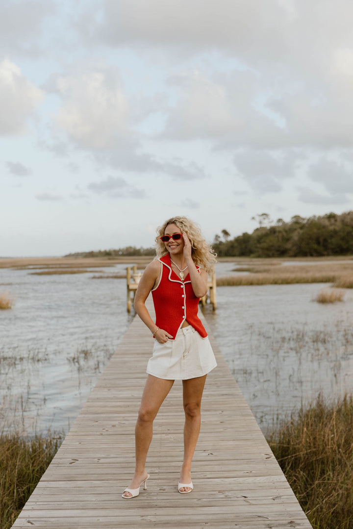 Indie Button Down Top - Red Cream