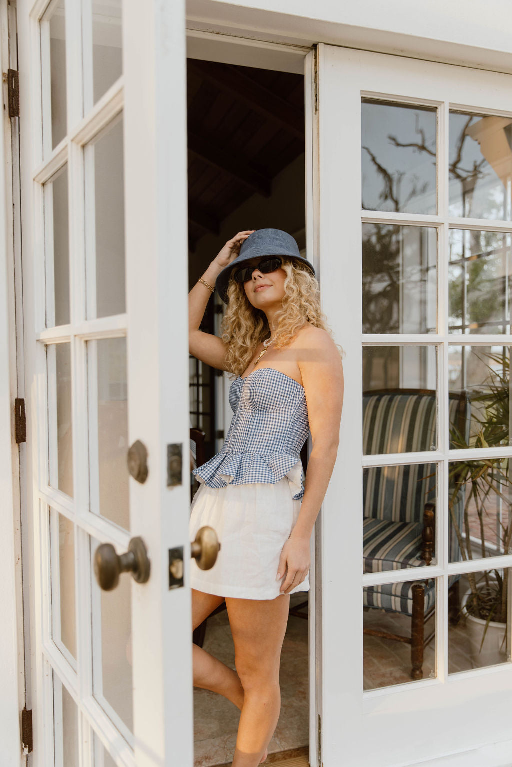 Serene Checkered Strapless Top - Blue White
