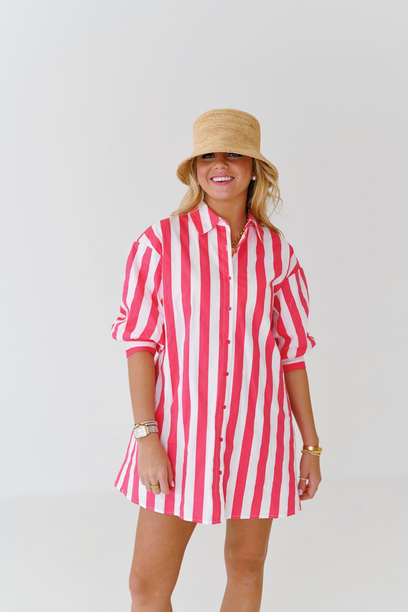 Katie Big Stripe Shirt Dress - Pink/White