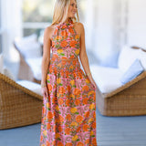 Hillary Floral Ruffle Skirt Top Set - Pink/Orange