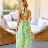 Gia Maxi Frill Dress - Green/Blue