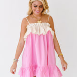 Chloe Babydoll Ruffle Dress-Pink/Cream