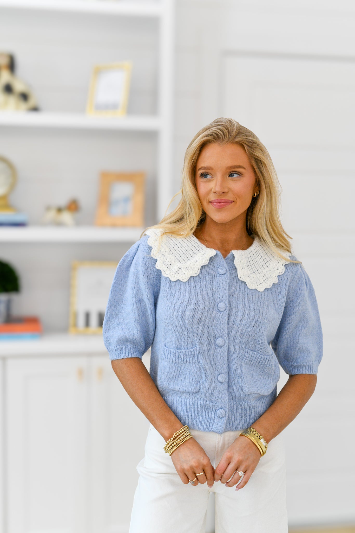 Josie Knit Wide Collar Top - Blue/White