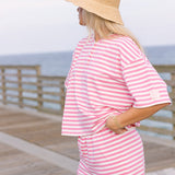Fancy Buttoned Striped Short Sleeve Top