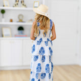 Sicialy Floral Ruffle Tier Maxi Dress  - White/Blue Blockprint
