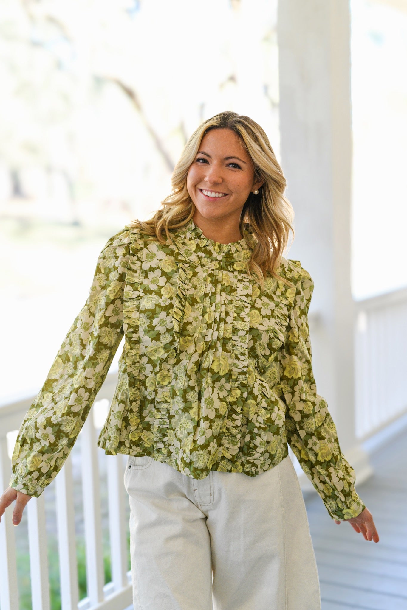 Maureen Pintuck Ruffle Top - Olive Floral