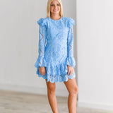 Kimmy Lace Ruffle Long Sleeve Mini Dress-Skyblue