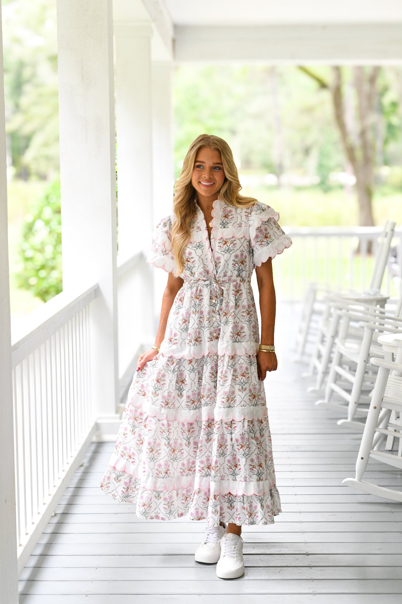 Lucy Scalloped Midi Dress - Pink/Brown Multi Print