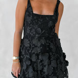 Venetia Square Neckline 3D Floral Embroidered Dress - Black