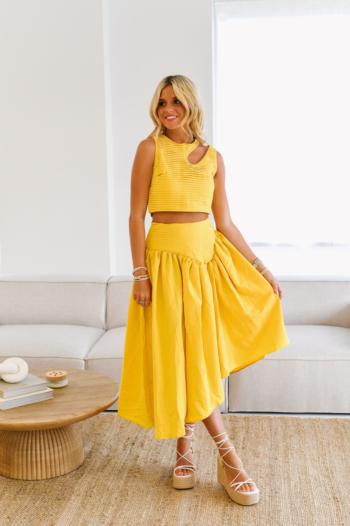 Ashley Cut Out Top and Midi Skirt Set-Yellow