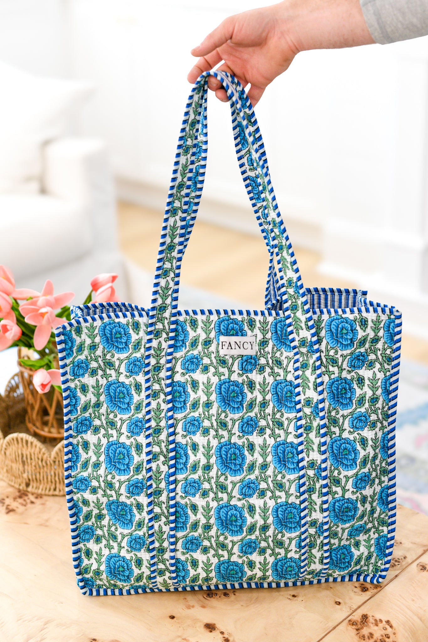 Stacey Floral Quilted Tote Bag - Blue/Green