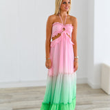 Laura Ombre Ruffle Detail Cut Out Maxi Dress-Pink/Green