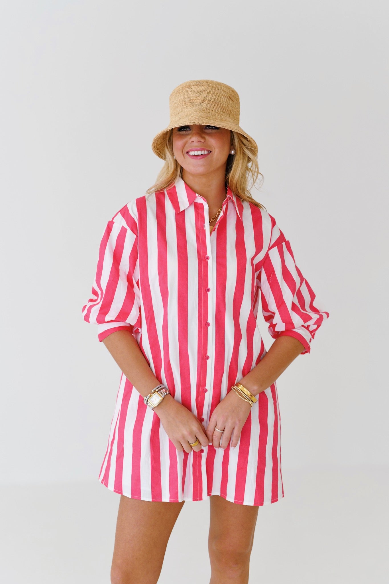 Katie Big Stripe Shirt Dress - Pink/White