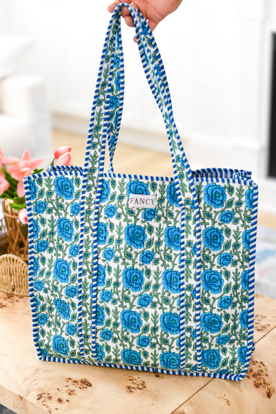 Stacey Floral Quilted Tote Bag - Blue/Green