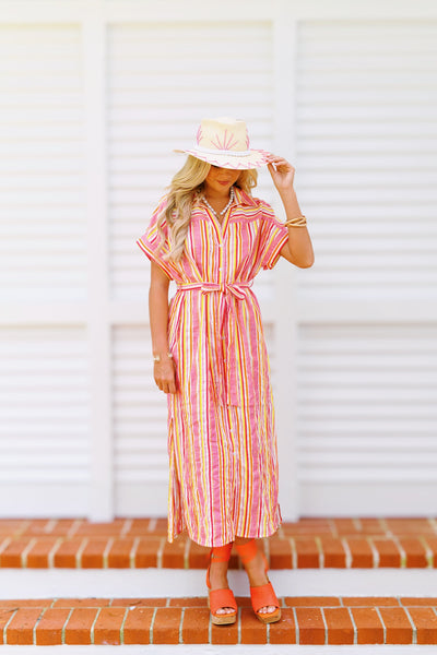 Madison Button Down Midi Dress - Multi Stripe