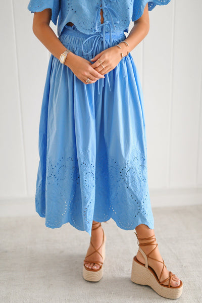 Lizzy Eyelet Detail Midi Skirt-Blue