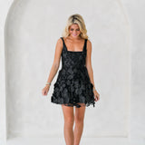 Venetia Square Neckline 3D Floral Embroidered Dress - Black