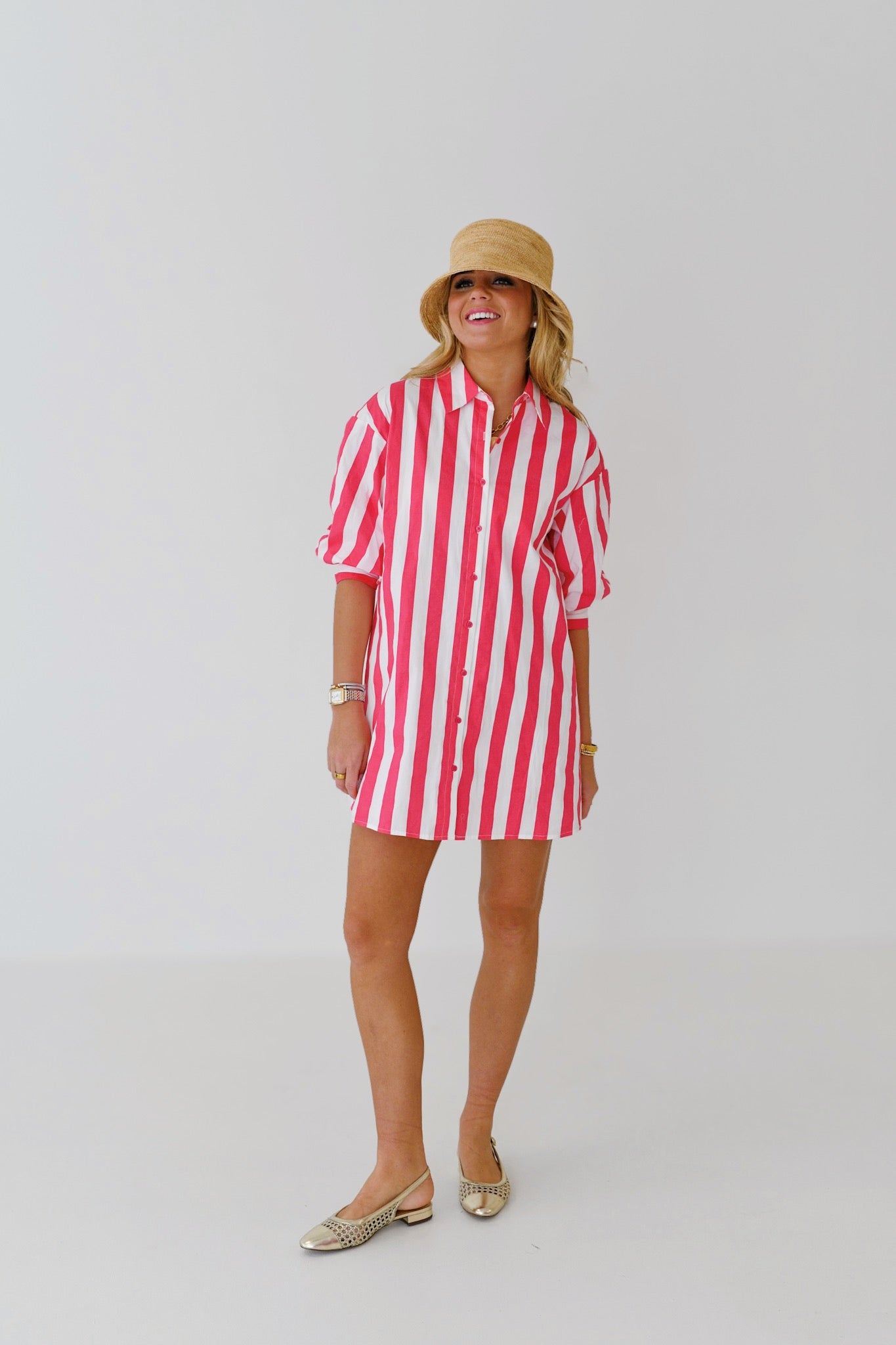 Katie Big Stripe Shirt Dress - Pink/White