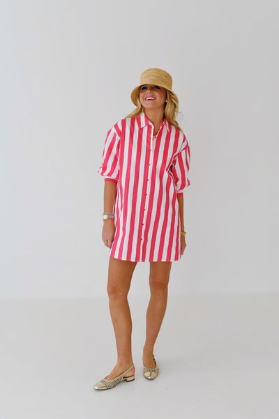 Katie Big Stripe Shirt Dress - Pink/White