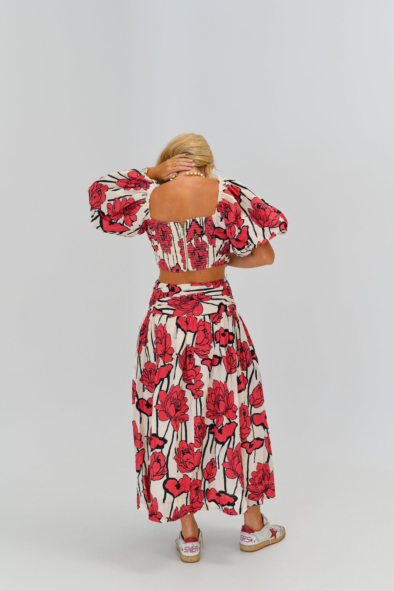 Brooke Floral Printed Puff Sleeve Top-Red