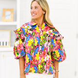 Tammy Tropical Collar puff Sleeve Top - Pink multi