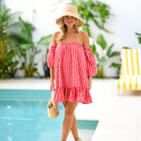 Delilah Strapless Bubble Sleeve Mini Dress - Red Gingham