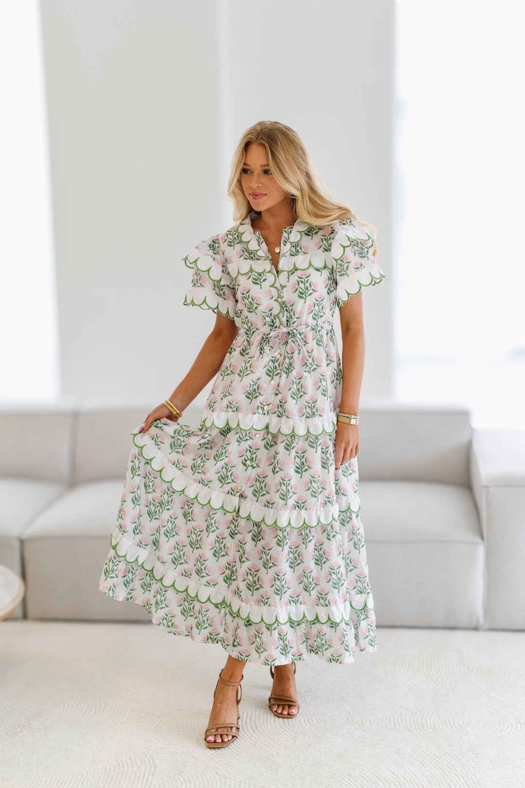 Kaylyn Tiered Midi Scallop Detail-White/Pink and Green