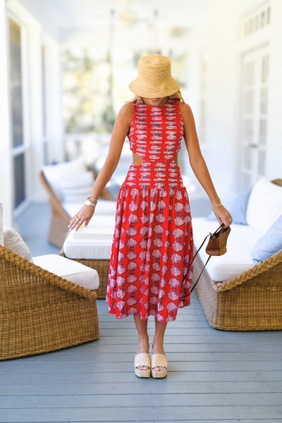 Valorie Drop Waist Cut Out Midi Dress - Red Shells