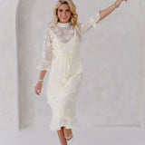 Stacy Crystal Embellished Floral Appliques Midi Dress -Lemon Yellow