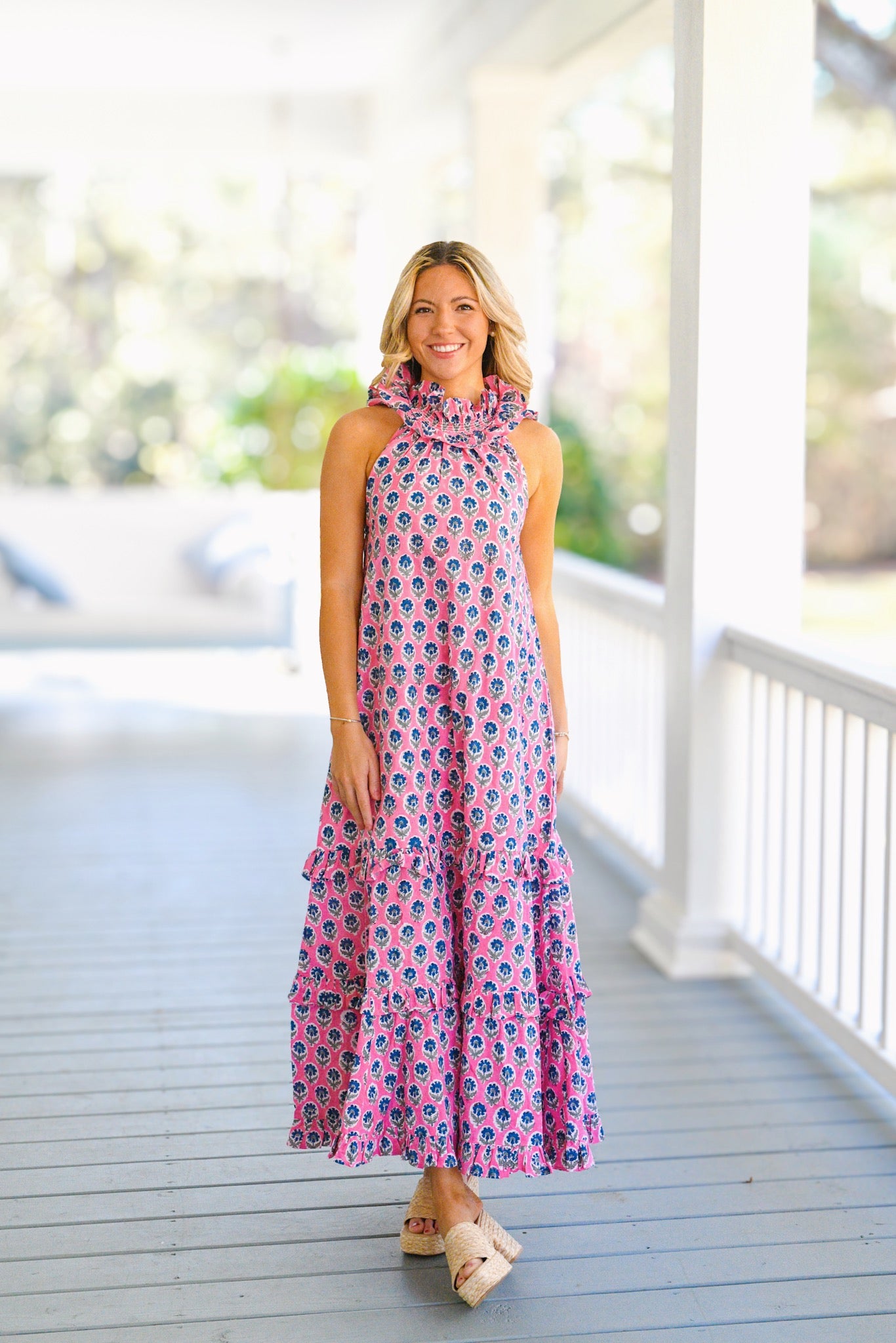 Finley Frill Neck Maxi Dress - Pink/Blue Blockprint