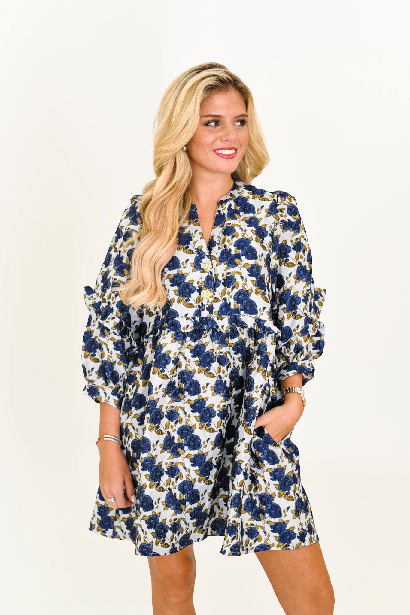 Donna Ruffle Long Sleeve Mini Dress - Navy