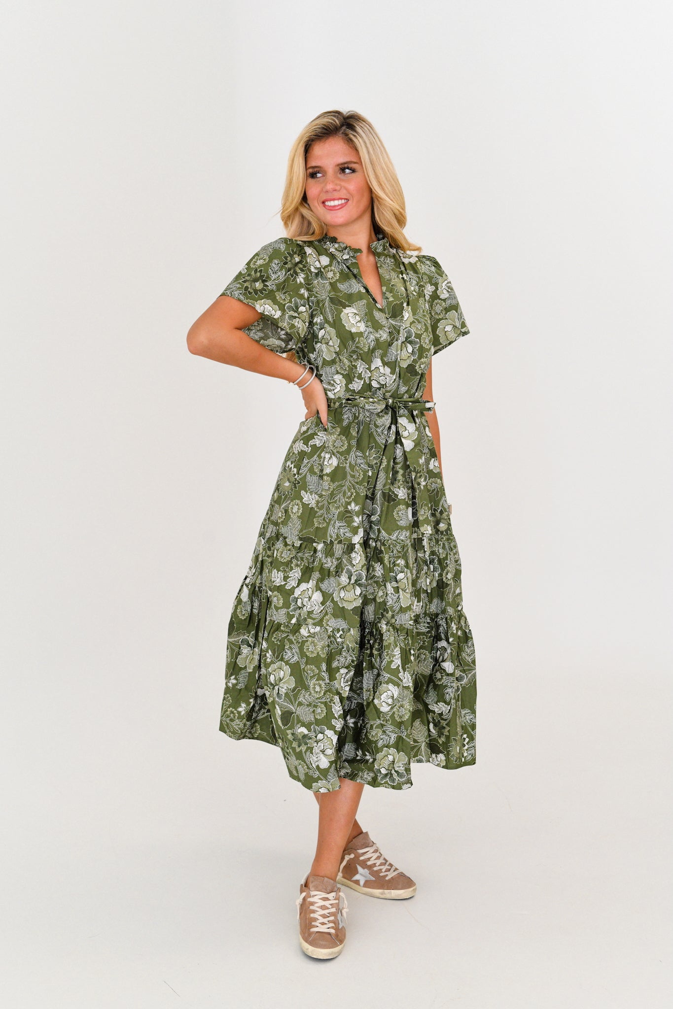 Ellie Floral Poplin Tiered Midi Dress - Cream/Olive