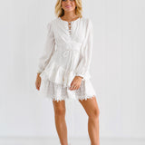 Destiny Cotton Long Puff Sleeve Lace Trim Mini Dress - White