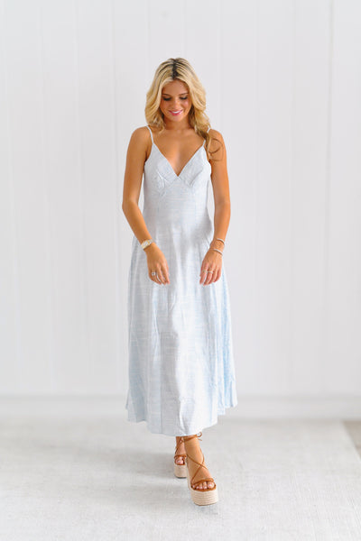 Kasey Pinstripe Linen Maxi Dress - Blue