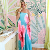Haley Printed Pleated Maxi Tube Dress - Teal/Pink