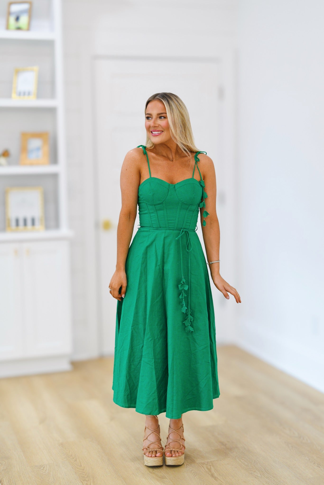 Annalee Self Tie Belt Flare Midi Dress - Green